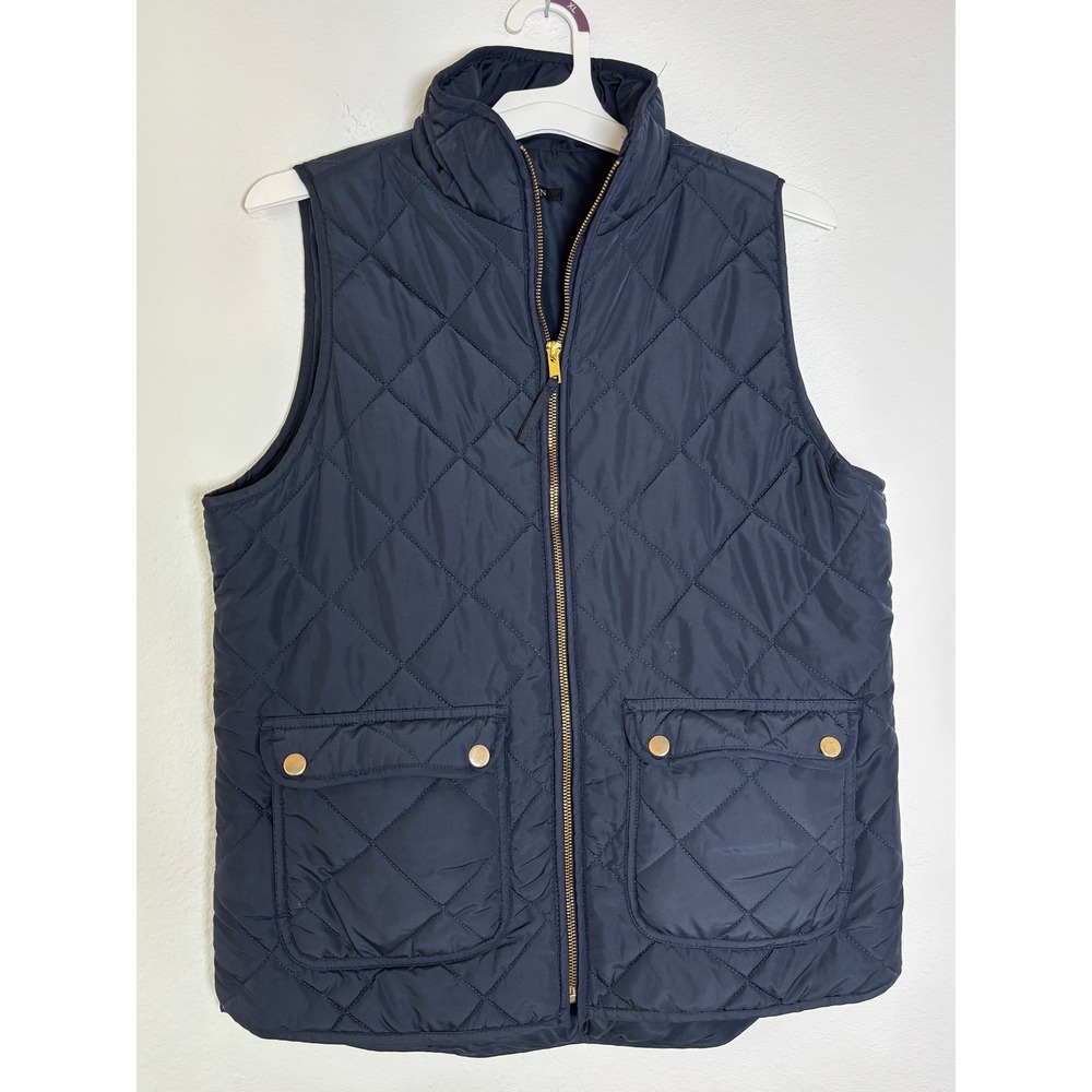 Quinn Navy Blue Quilted Puffer Vest Womens Large Gold Zip Front Flap Pockets